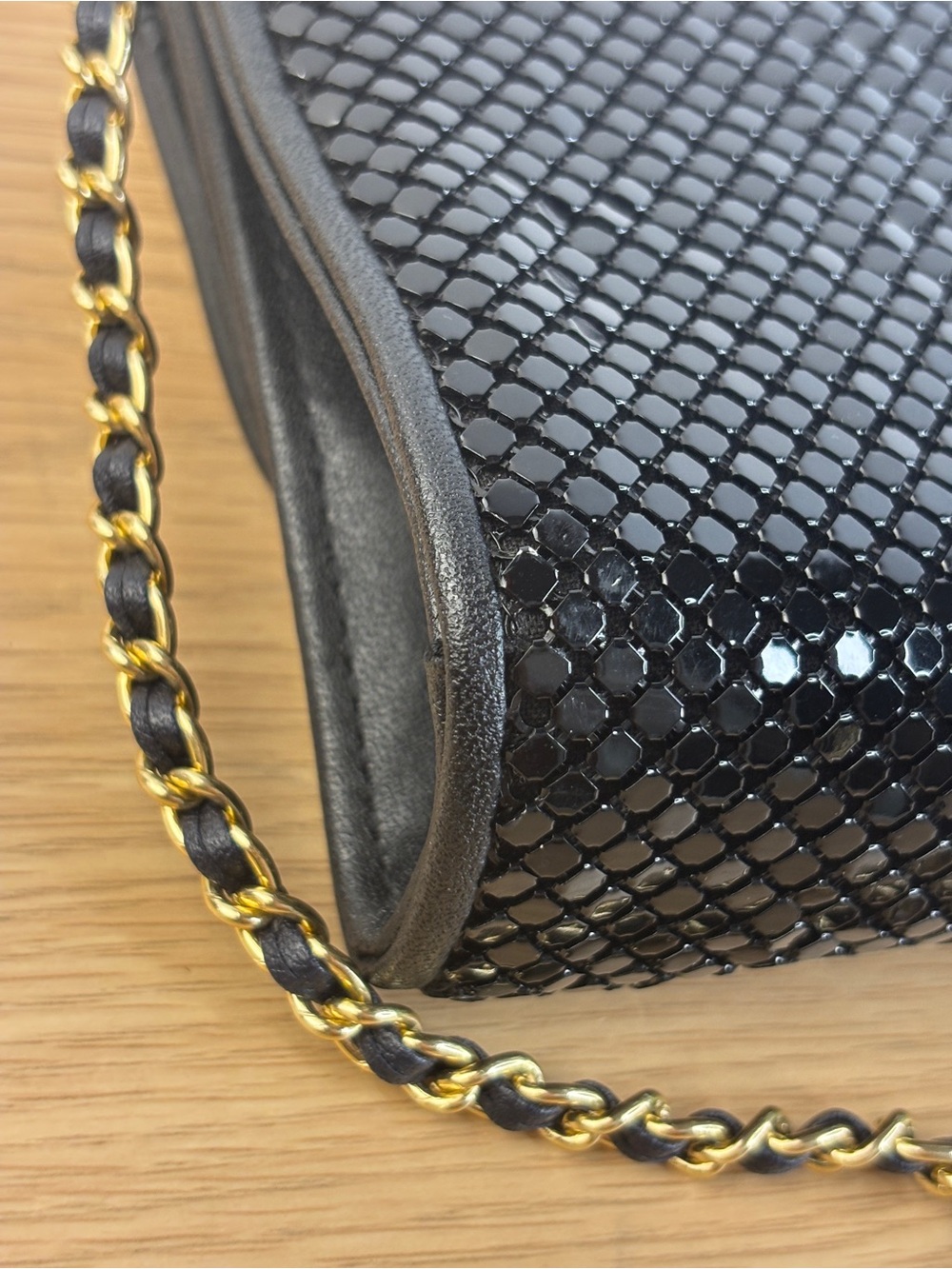 Vintage Whiting & Davis Black Metal Mesh with Gold Tone Interwoven Chain Strap - Picture 8 of 10